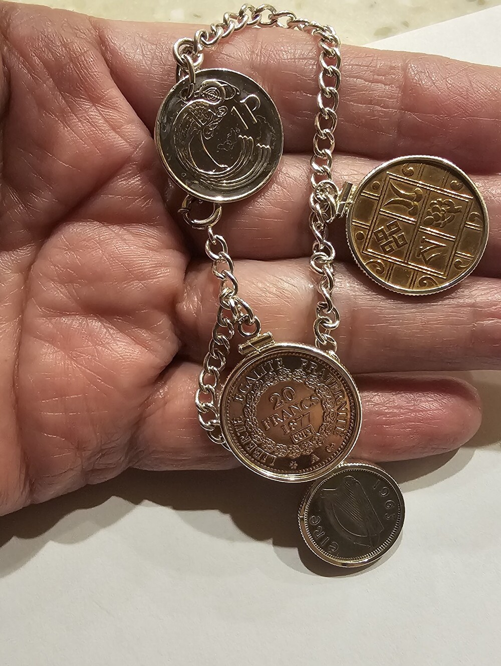 Mixed Metal Sterling Silver Coin Charm Bracelet |Vintage Irish & Bhutan Coin